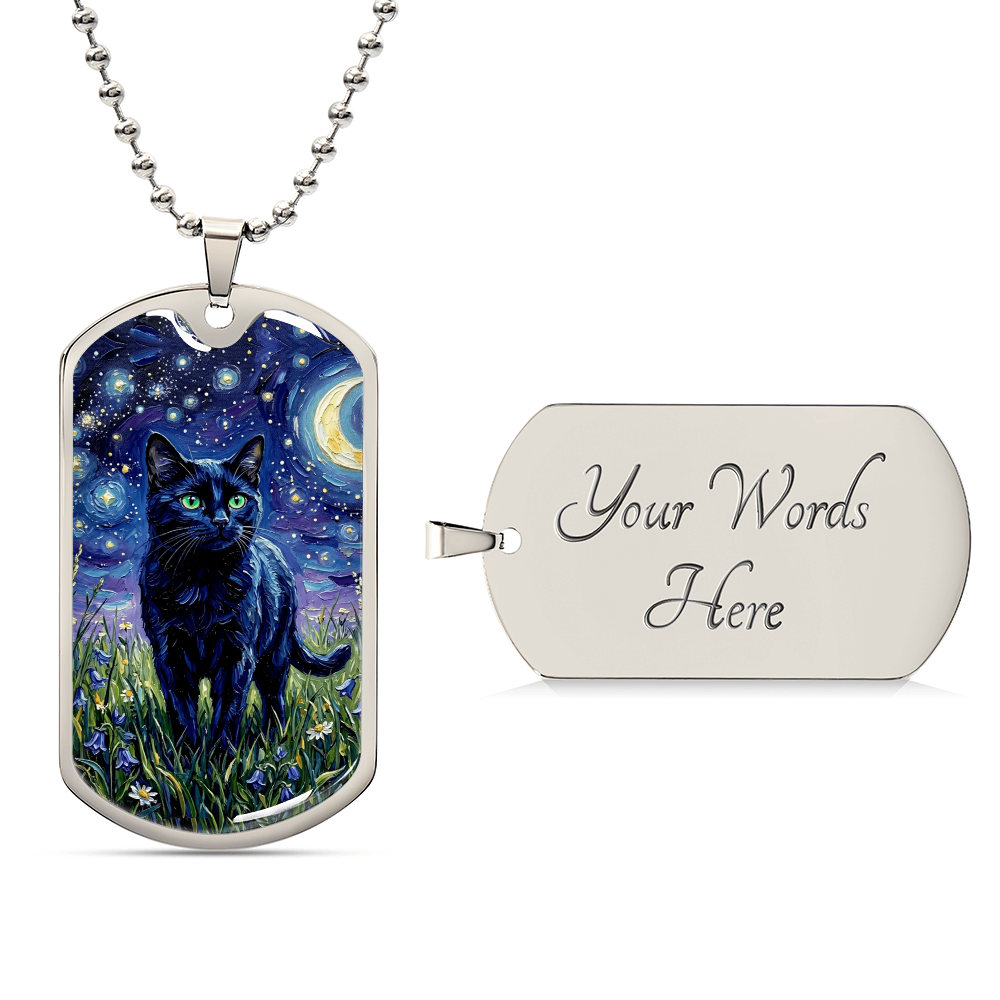 Amongst The Flowers - Black Cat Dog Tag Necklace