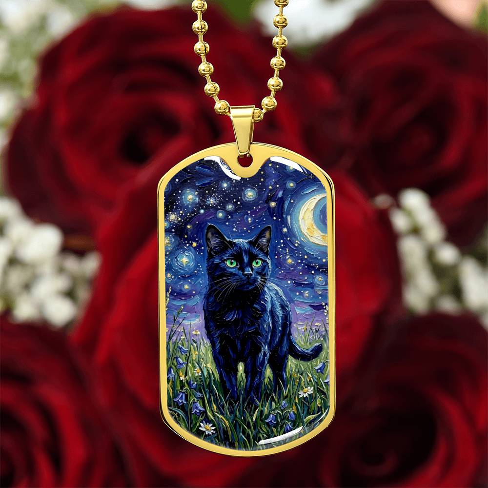 Amongst The Flowers - Black Cat Dog Tag Necklace