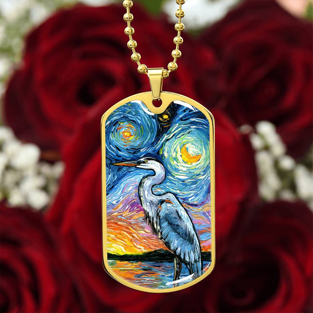 Blue Heron Starry Night Dog Tag Necklace