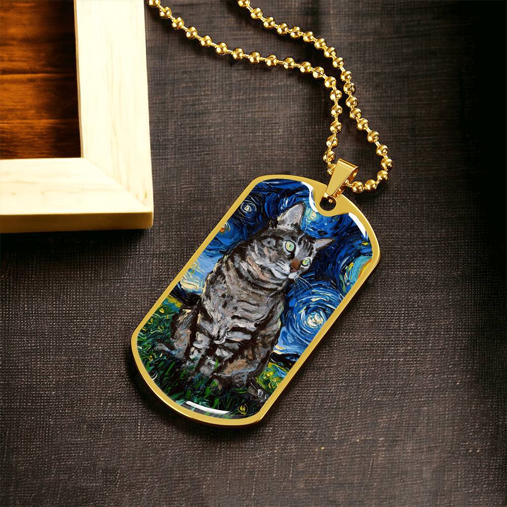 Tabby Cat Starry Night Dog Tag Keychain