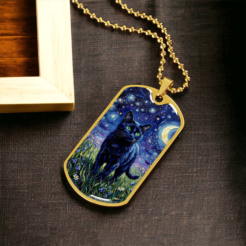 Amongst The Flowers - Black Cat Dog Tag Necklace