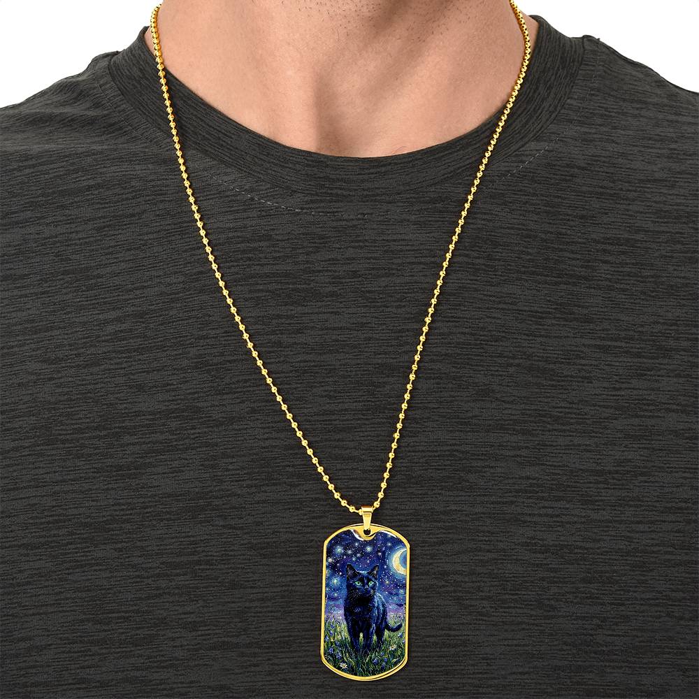 Amongst The Flowers - Black Cat Dog Tag Necklace