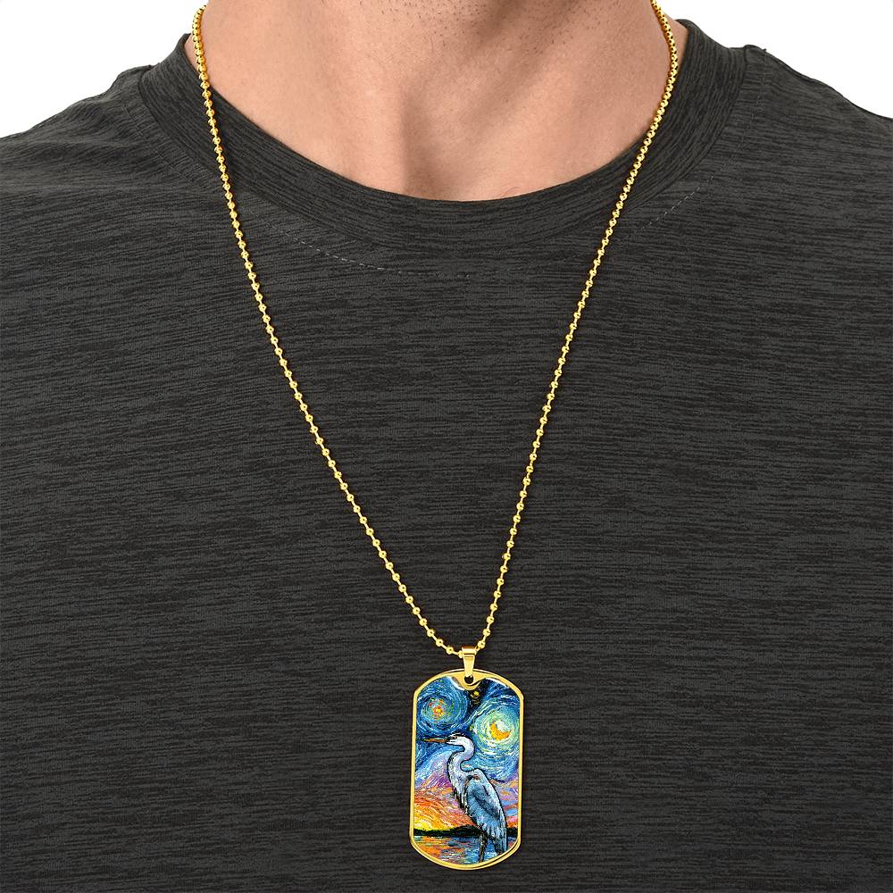 Blue Heron Starry Night Dog Tag Necklace