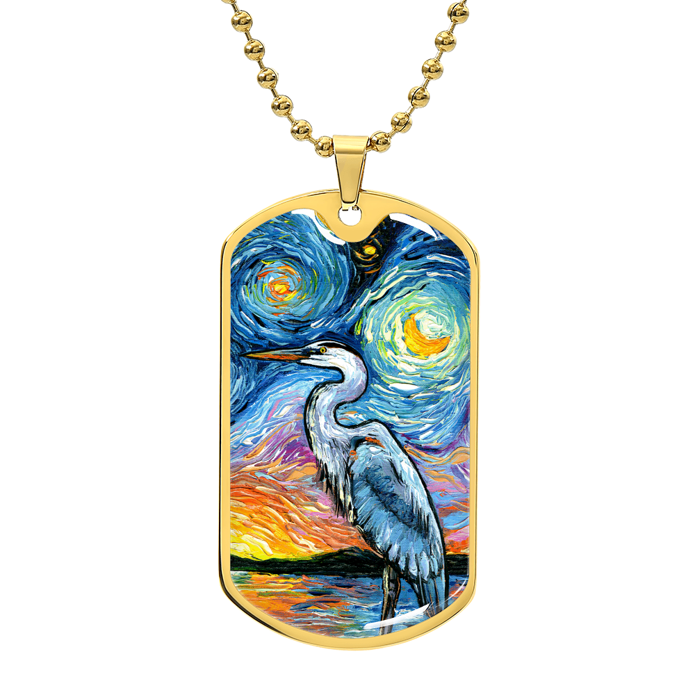 Blue Heron Starry Night Dog Tag Necklace