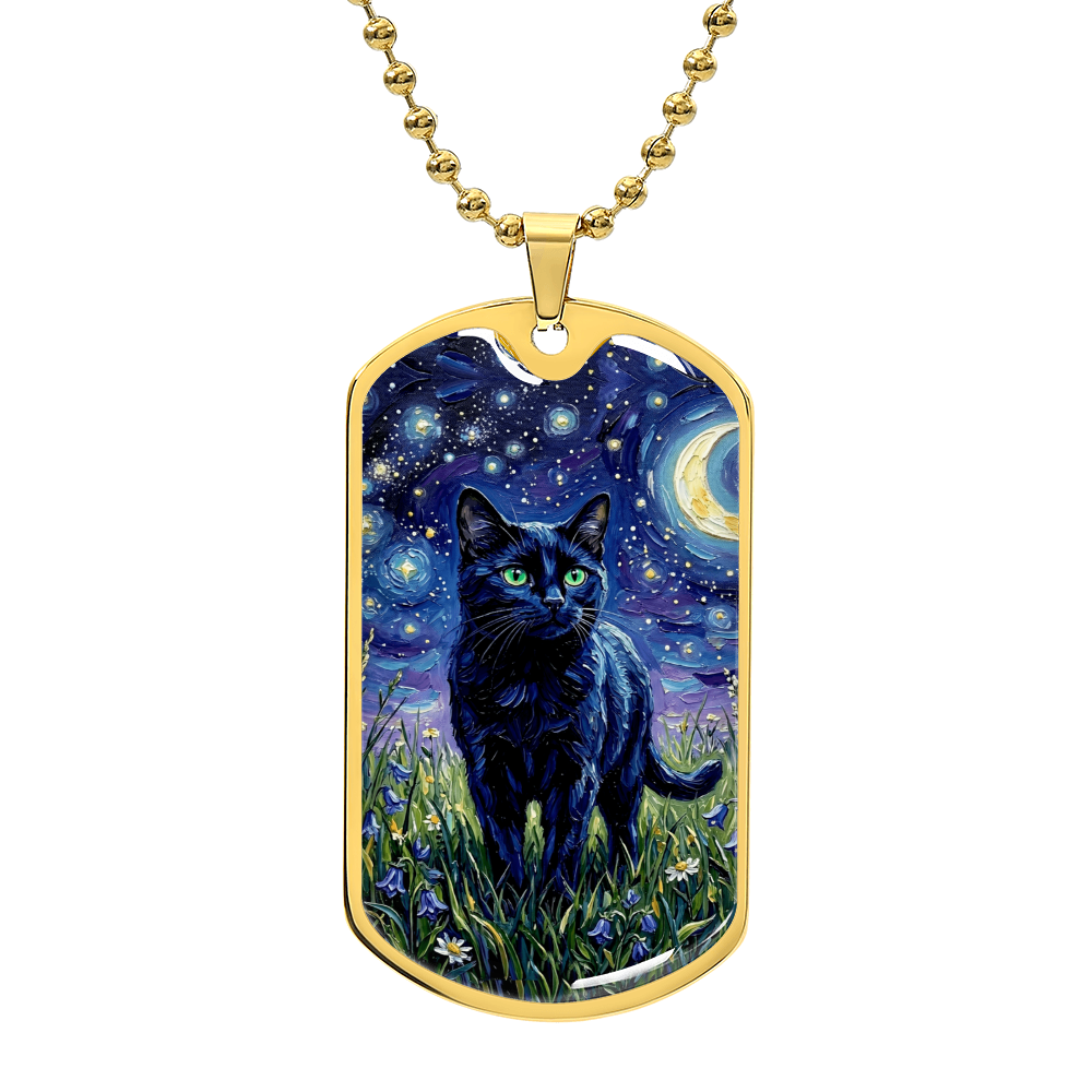 Amongst The Flowers - Black Cat Dog Tag Necklace