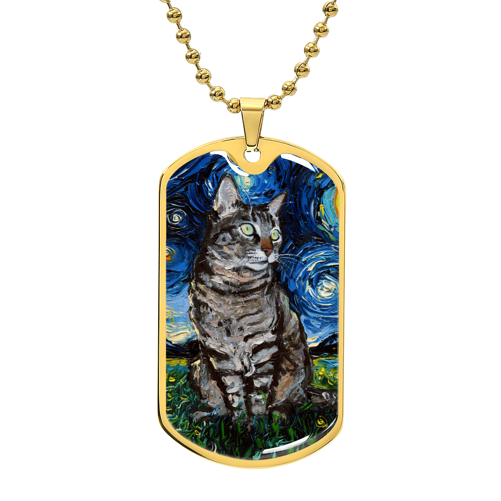 Tabby Cat Starry Night Dog Tag Keychain