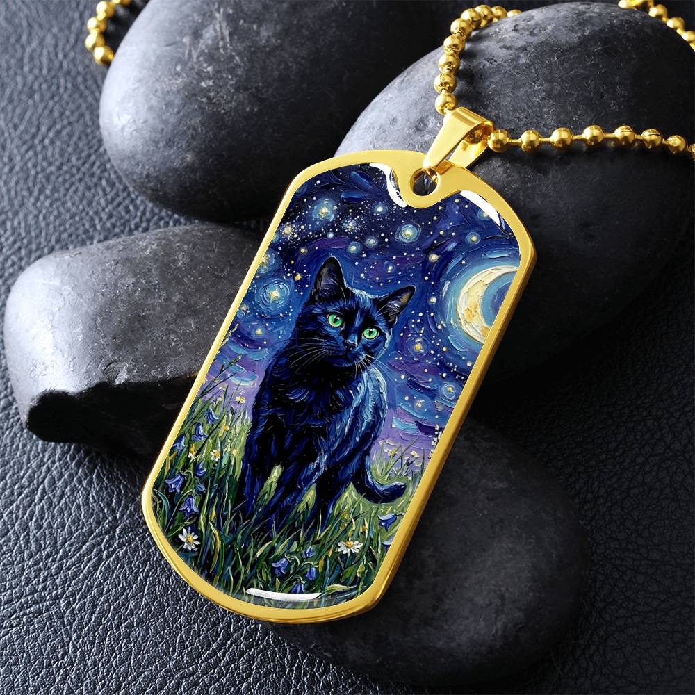 Amongst The Flowers - Black Cat Dog Tag Necklace