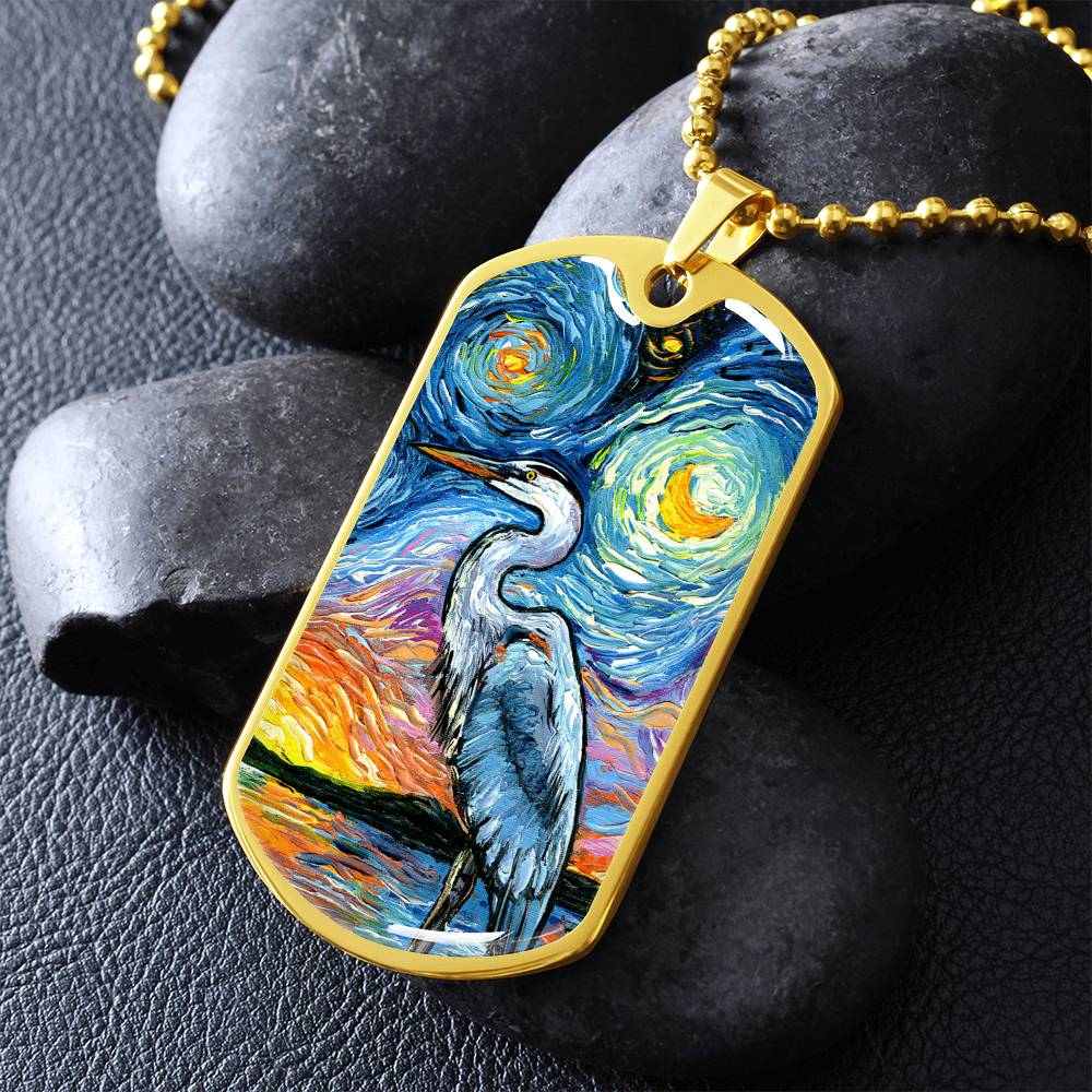 Blue Heron Starry Night Dog Tag Necklace