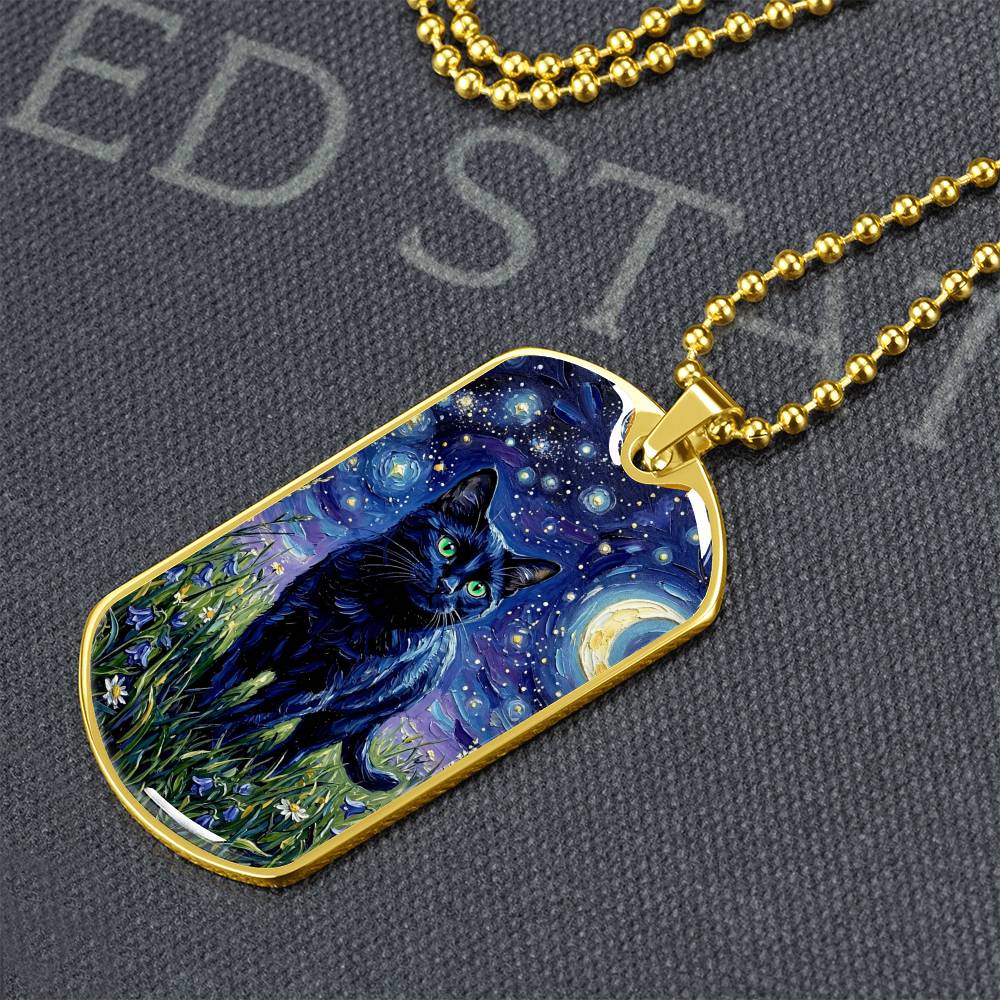 Amongst The Flowers - Black Cat Dog Tag Necklace