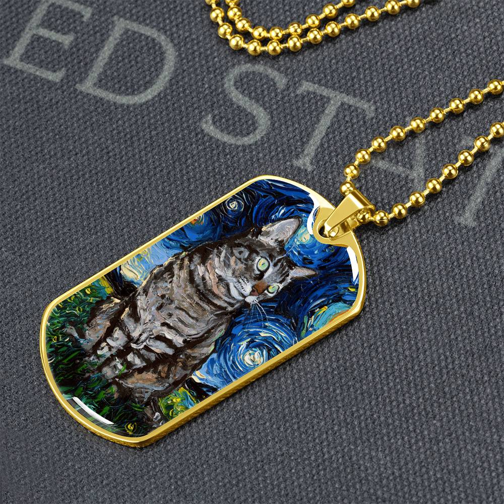 Tabby Cat Starry Night Dog Tag Keychain