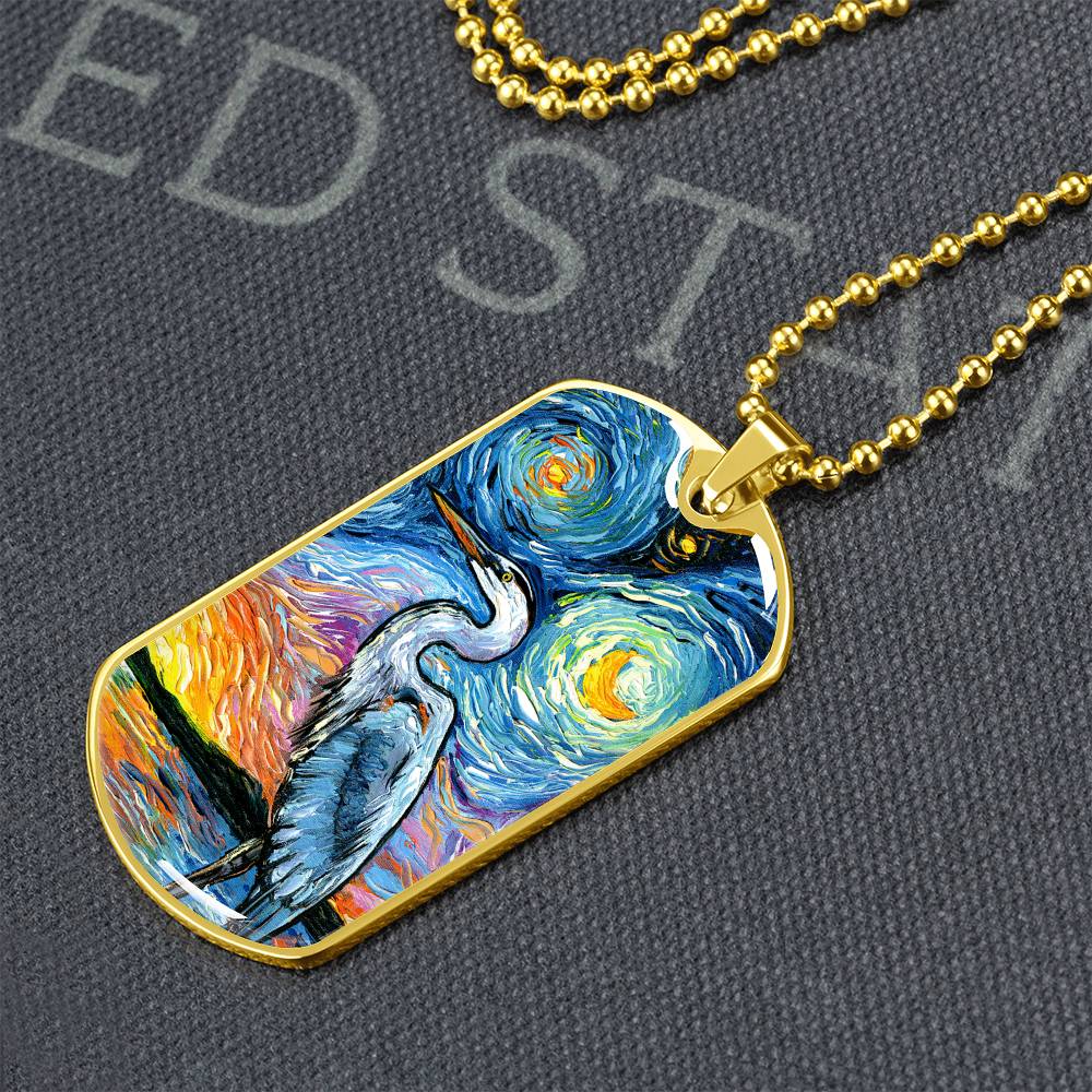 Blue Heron Starry Night Dog Tag Necklace