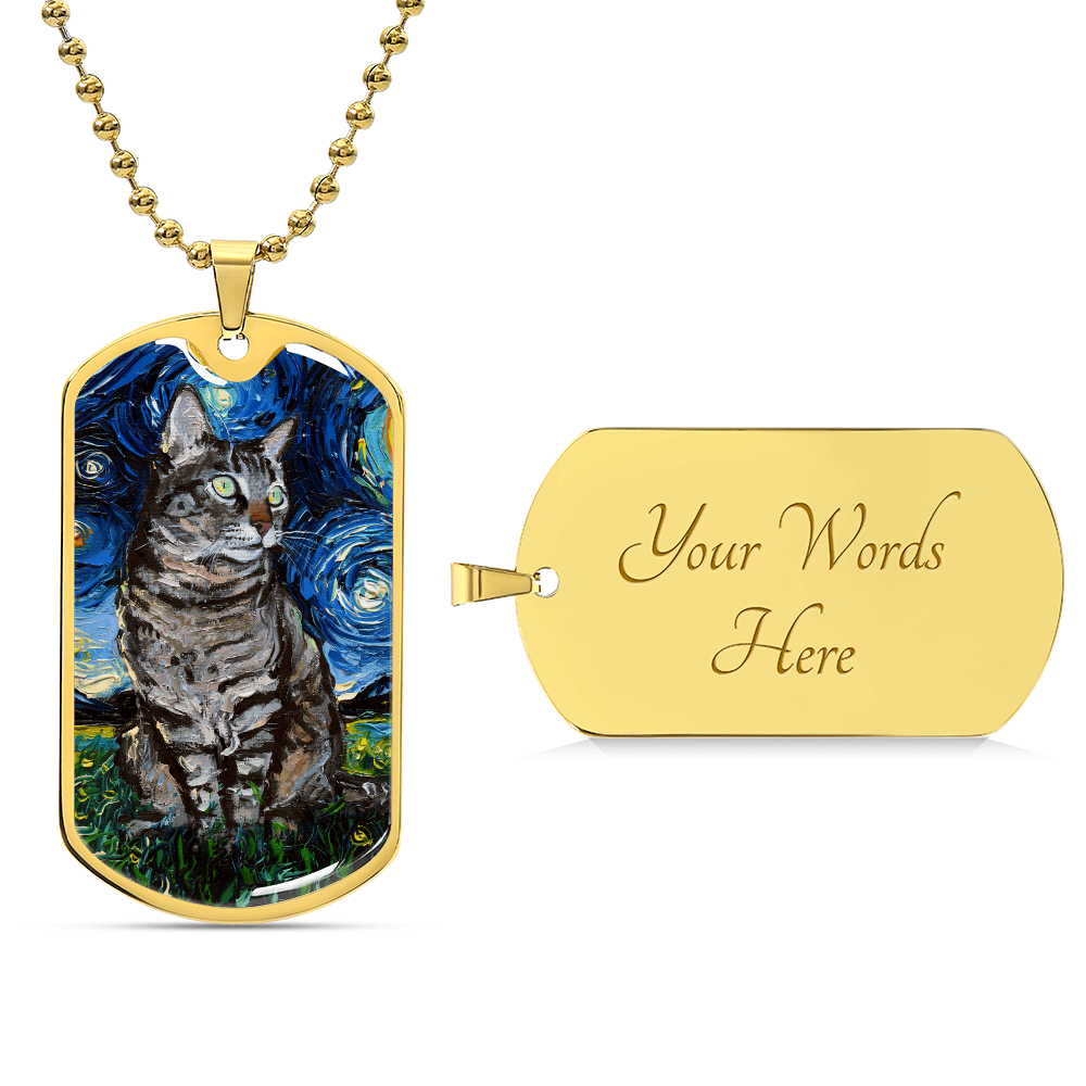 Tabby Cat Starry Night Dog Tag Keychain