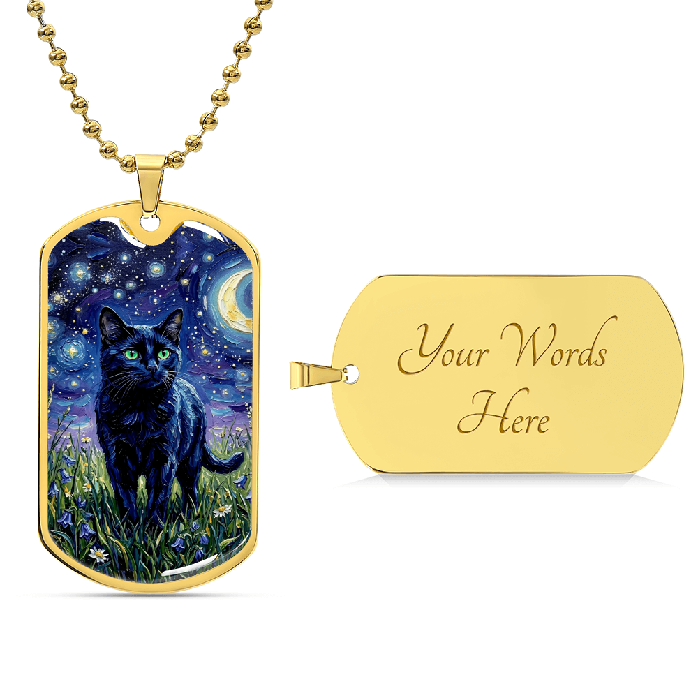 Amongst The Flowers - Black Cat Dog Tag Necklace