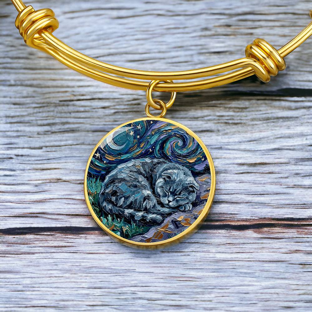 Sleepy Scottish Fold Round Charm Bracelet