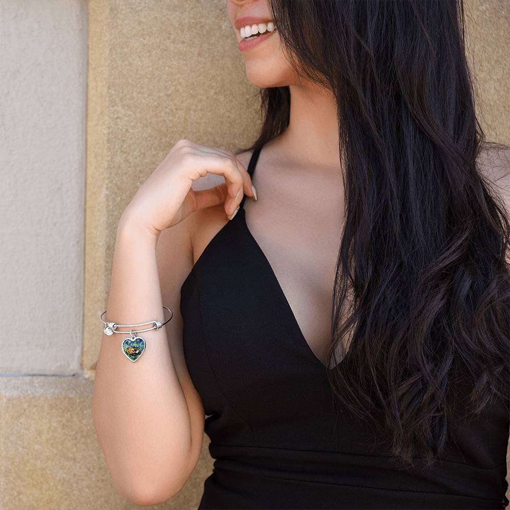 Sleeping Calico Cat Starry Night Heart Bangle Bracelet