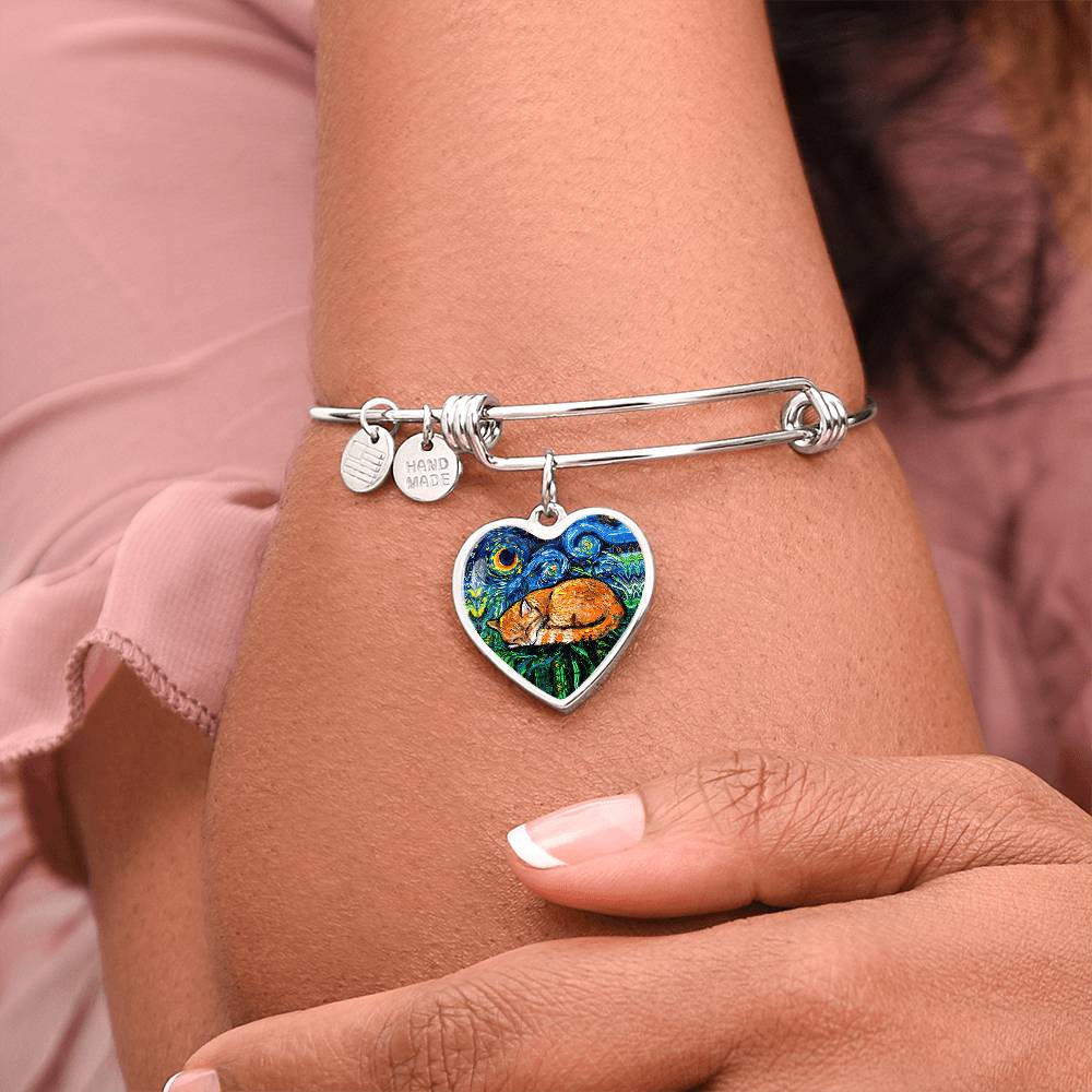 Sleeping Orange Tabby Cat Starry Night Heart Bangle Bracelet