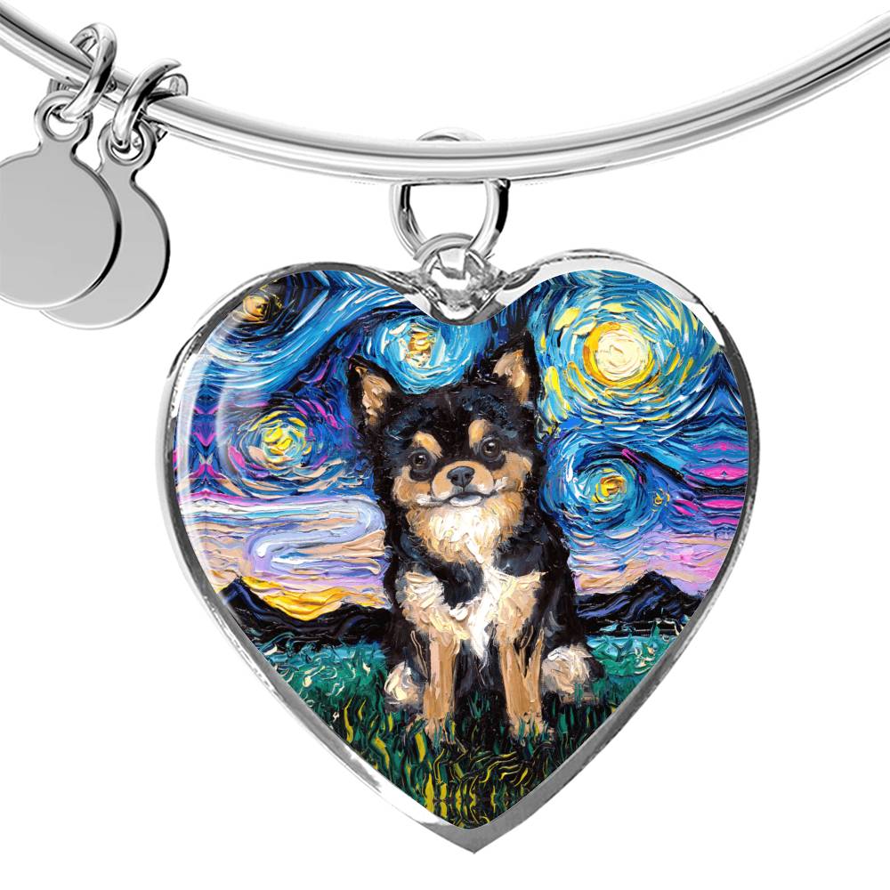 Black & Tan Long Hair Chihuahua Starry Night Heart Bangle