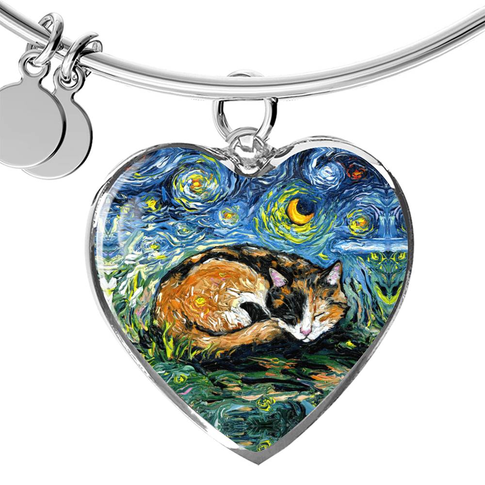 Sleeping Calico Cat Starry Night Heart Bangle Bracelet