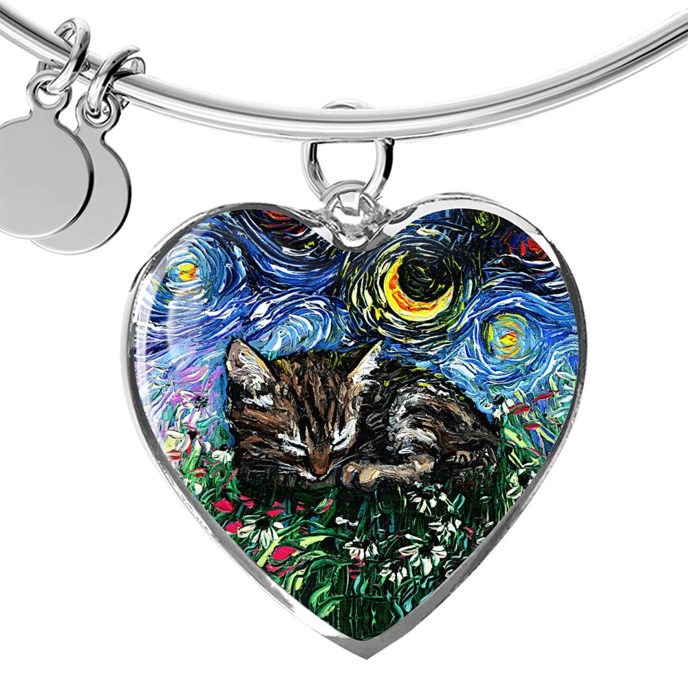 Sleeping Tabby Kitten Starry Night Heart Bangle