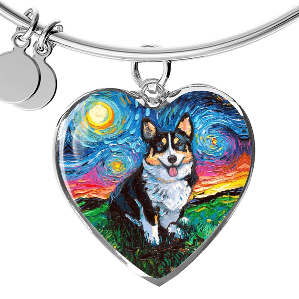 Tri Color Corgi Starry Night Heart Bangle Bracelet