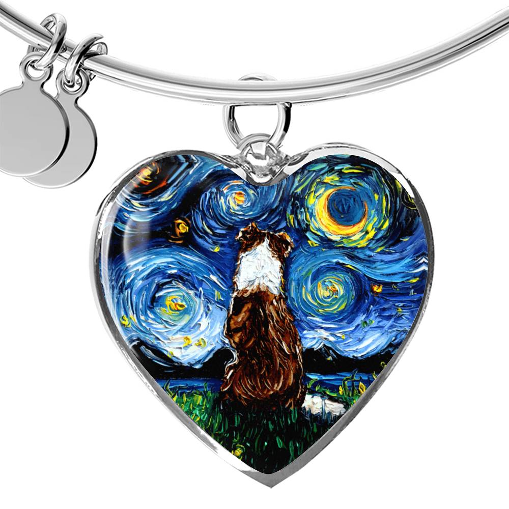 Red Border Collie Starry Night Heart Bangle Bracelet