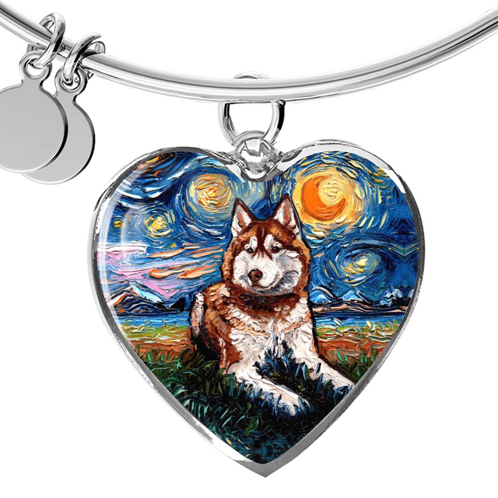 Red and White Husky Starry Night Heart Bangle Bracelet