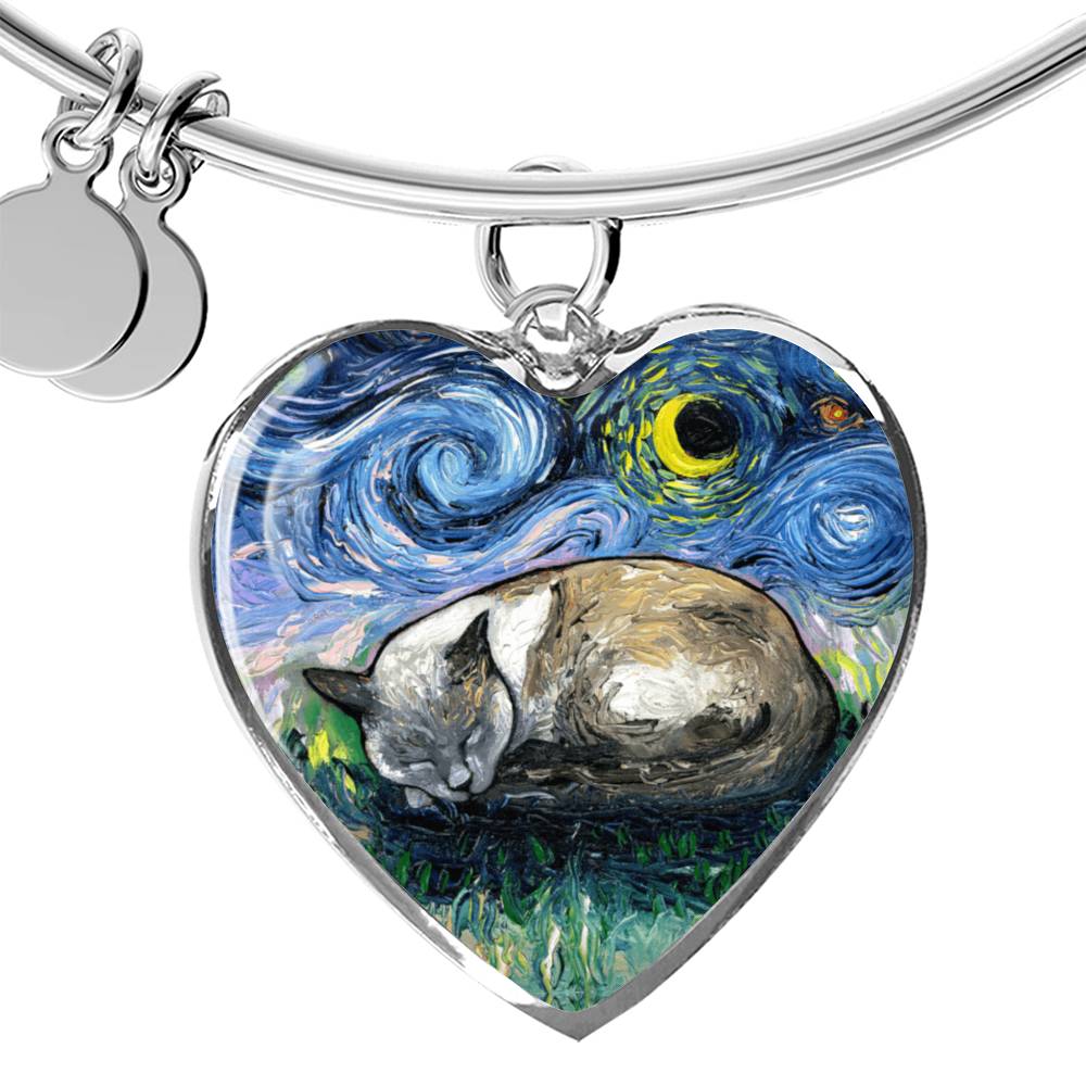 Sleeping Siamese Cat Starry Night Heart Bangle Bracelet