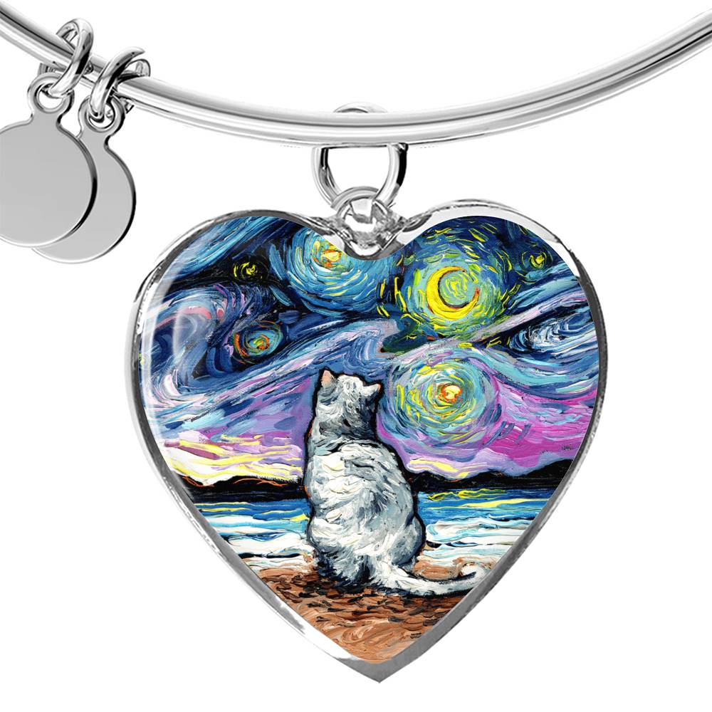White Cat Starry Night Heart Bangle Bracelet