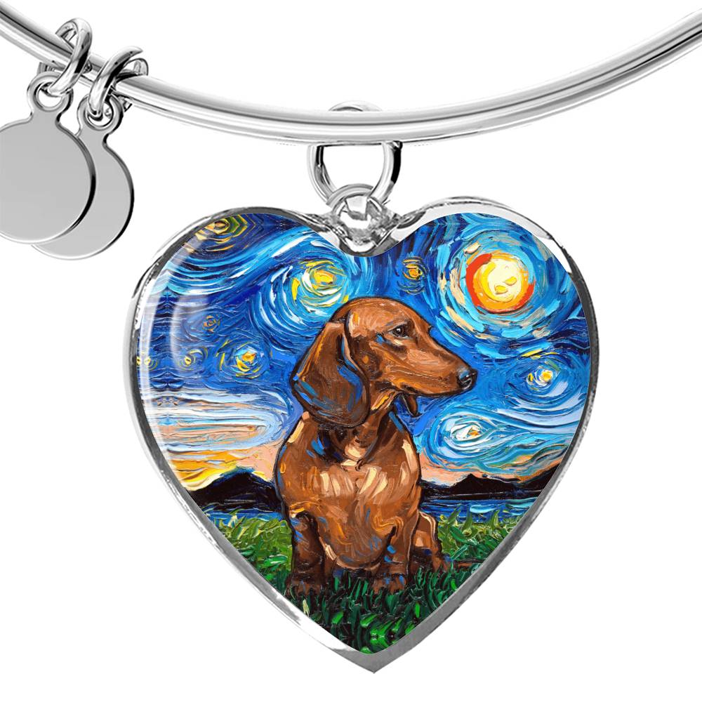 Brown Dachshund Starry Night Heart Bangle Bracelet