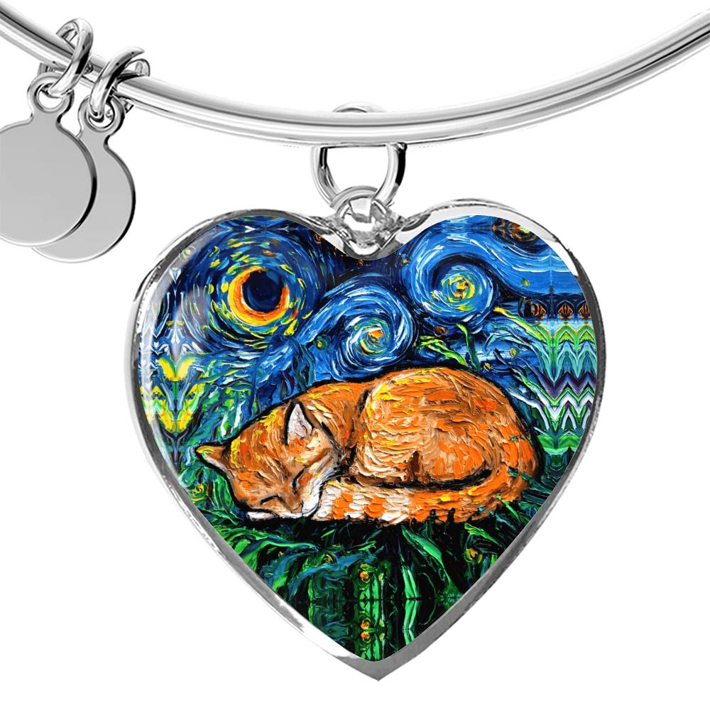 Sleeping Orange Tabby Cat Starry Night Heart Bangle Bracelet