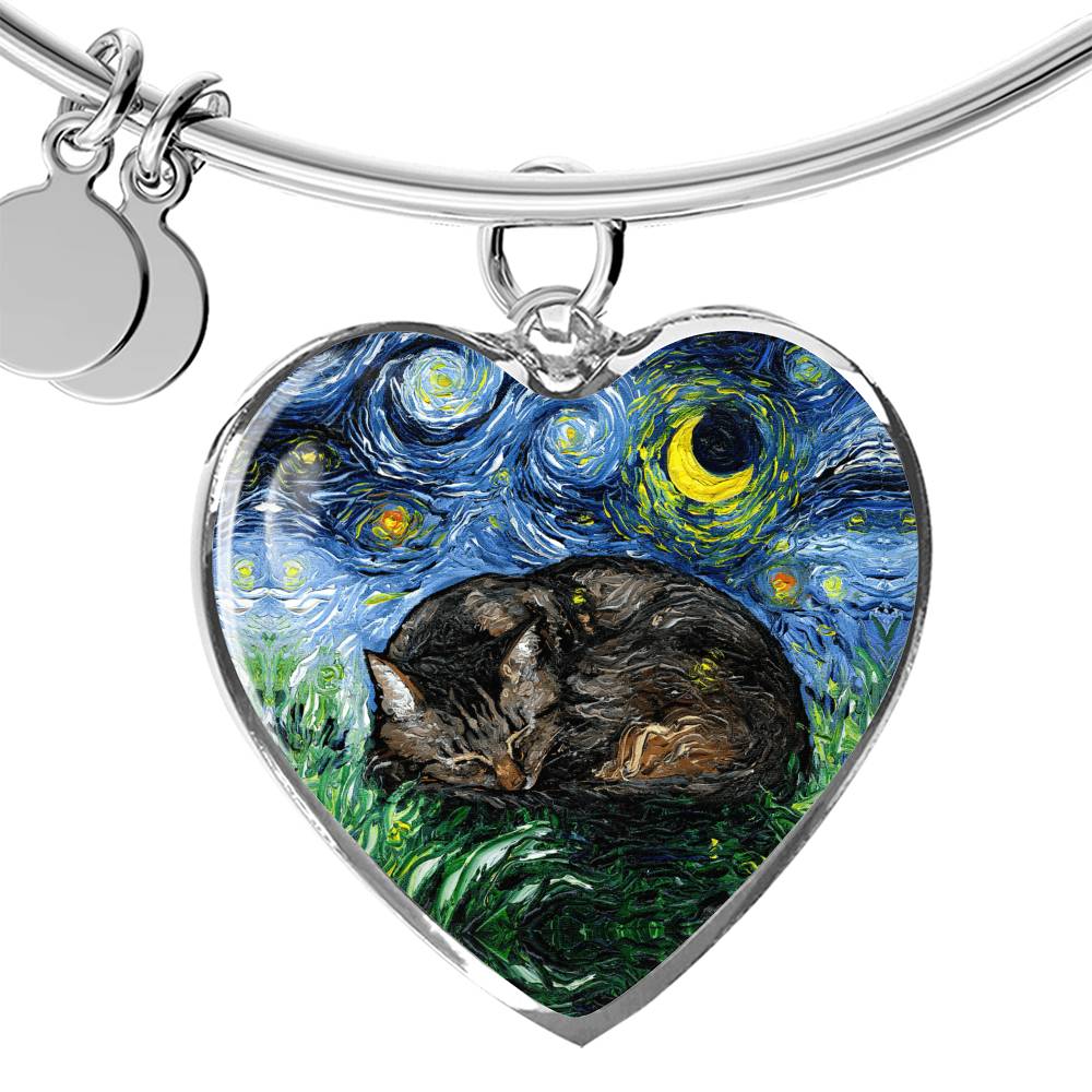 Sleeping Brown Tabby Cat Starry Night Heart Bangle Bracelet