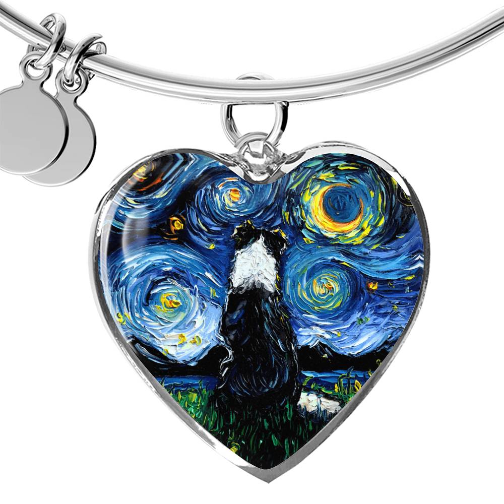 Border Collie Back Starry Night Heart Bangle Bracelet