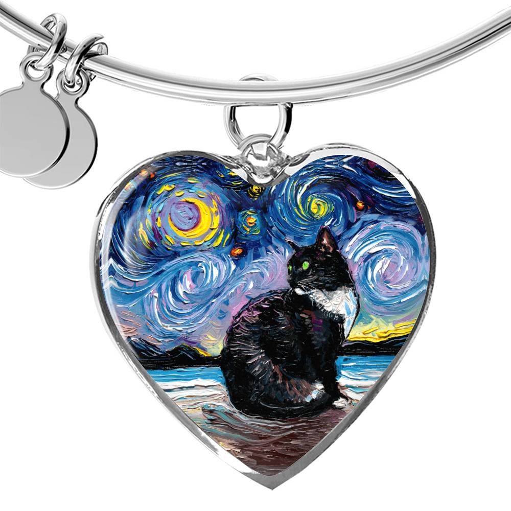 Tuxedo Cat with Green Eyes Starry Night Heart Bangle