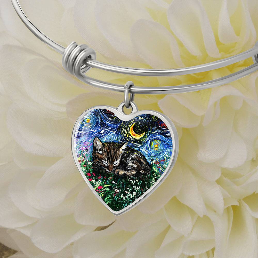 Sleeping Tabby Kitten Starry Night Heart Bangle