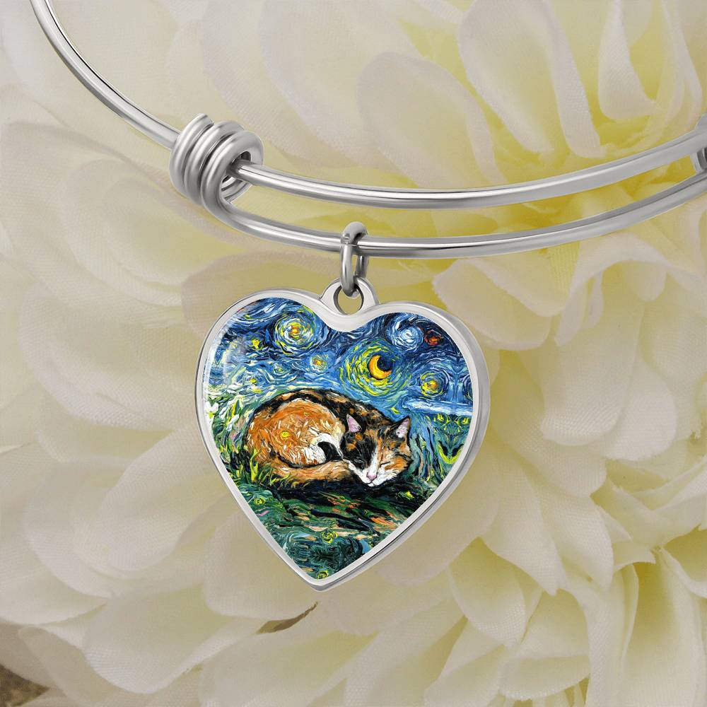 Sleeping Calico Cat Starry Night Heart Bangle Bracelet