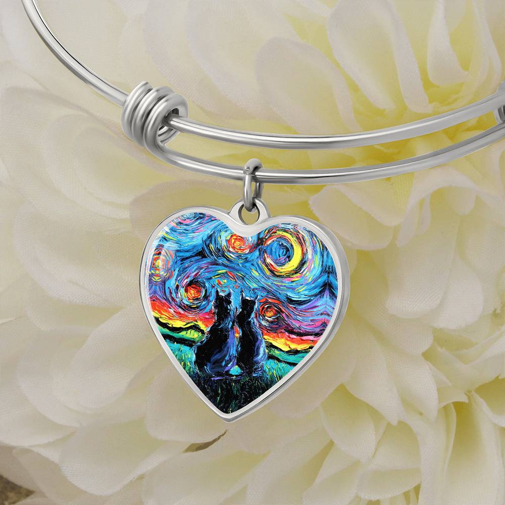 van Gogh's Cats Starry Night Heart Bangle Bracelet