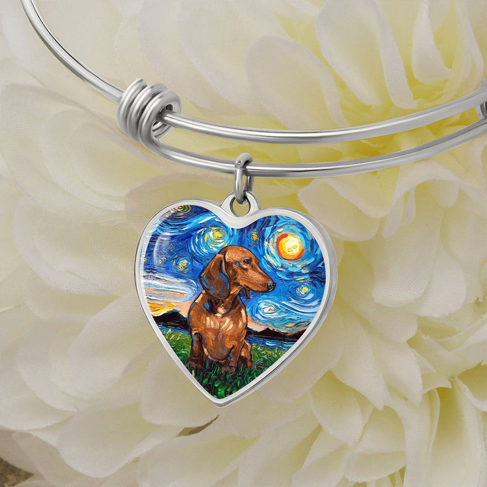 Brown Dachshund Starry Night Heart Bangle Bracelet