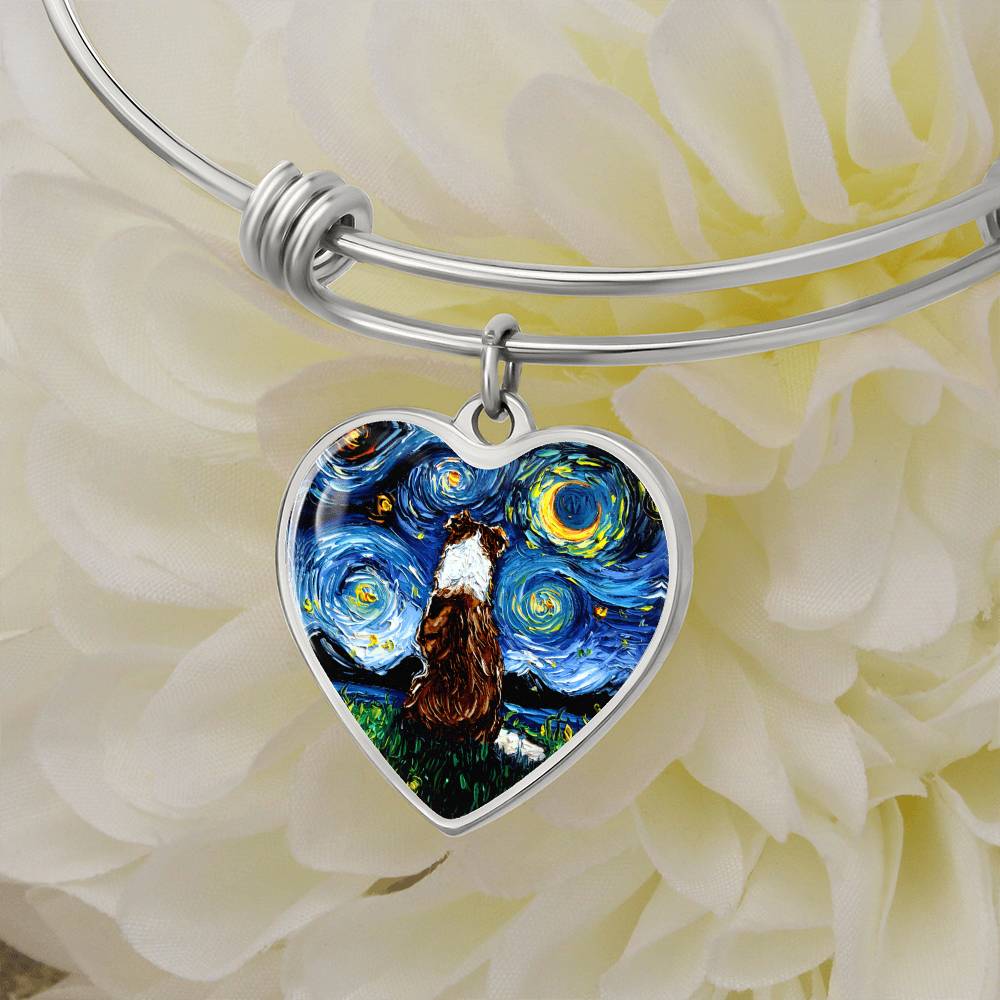 Red Border Collie Starry Night Heart Bangle Bracelet