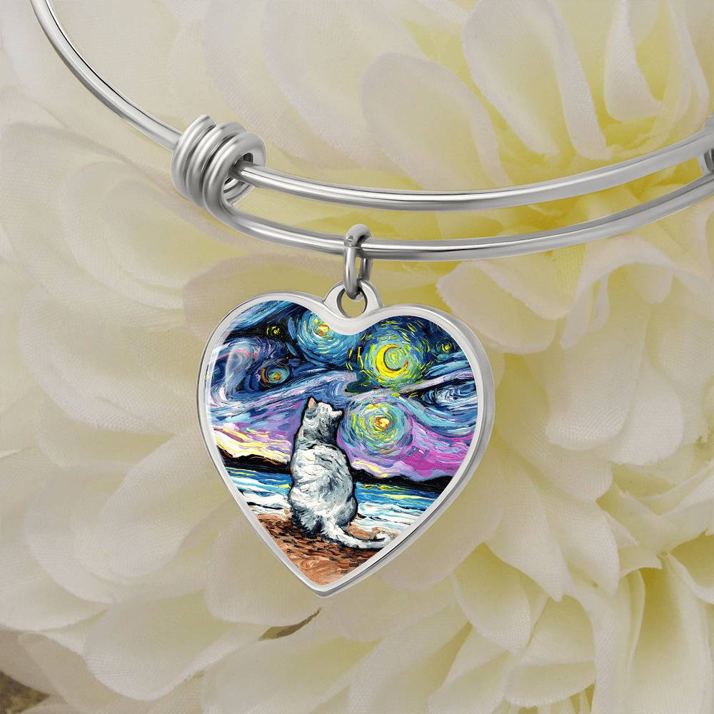 White Cat Starry Night Heart Bangle Bracelet