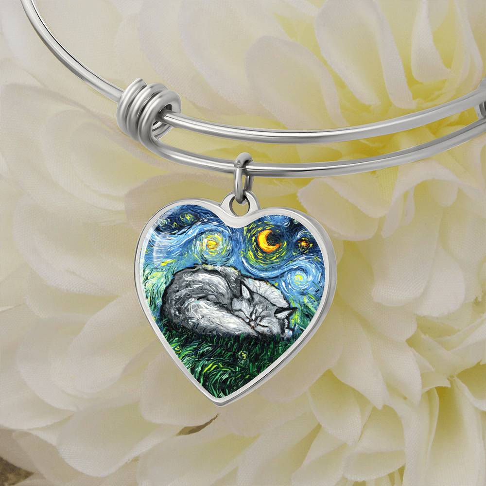 Sleeping Persian Cat Starry Night Heart Bangle Bracelet
