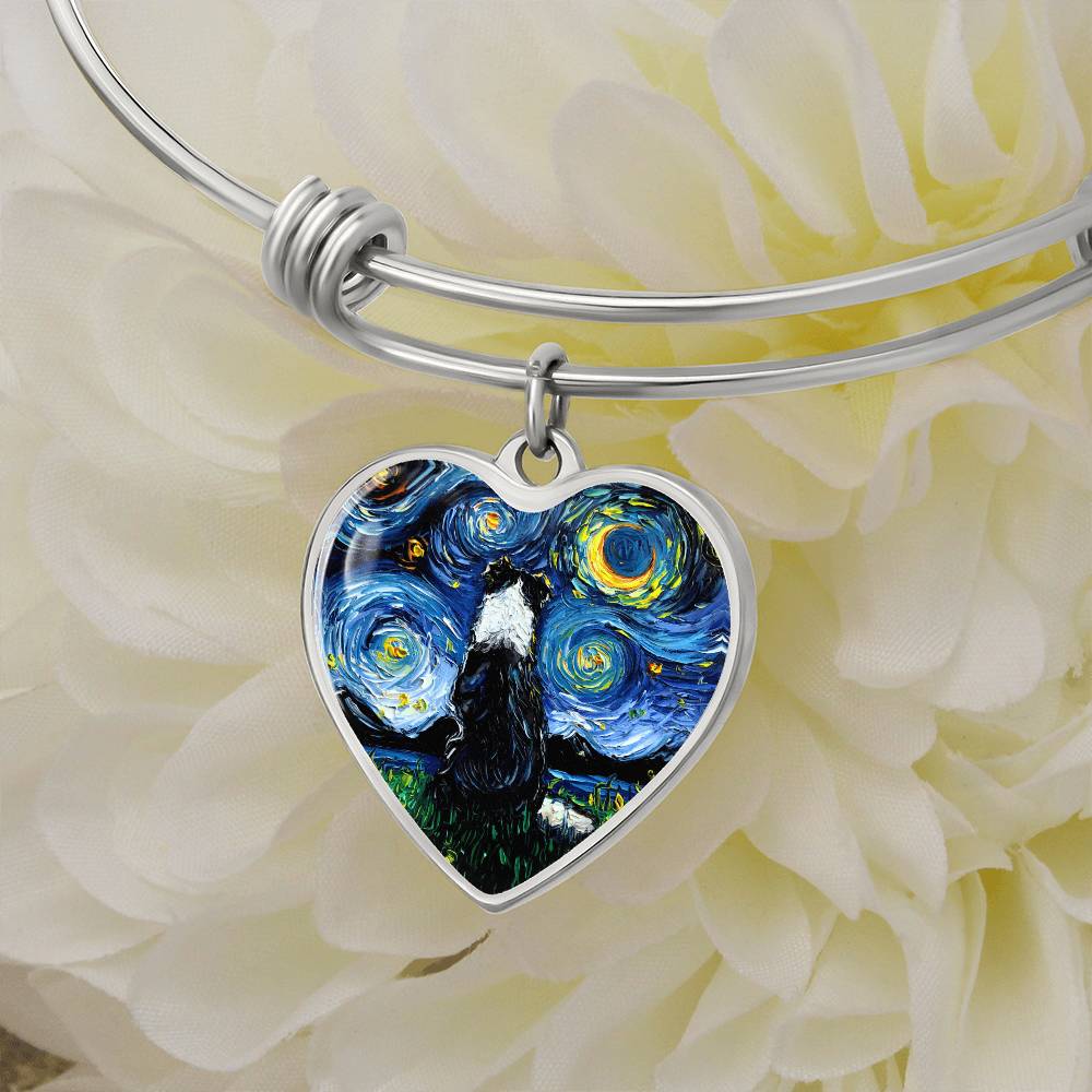 Border Collie Back Starry Night Heart Bangle Bracelet