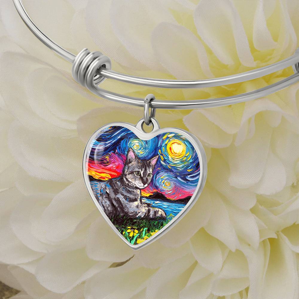 Laying Tabby Starry Night Heart Bangle