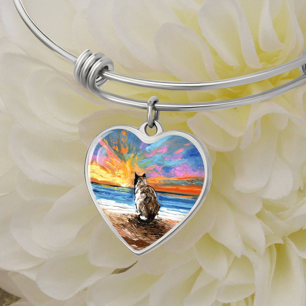 Beach Days - Snowshoe Cat Starry Night Heart Bangle Bracelet