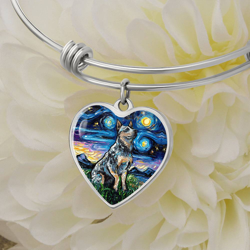 Blue Heeler Portrait Starry Night Heart Bangle Bracelet