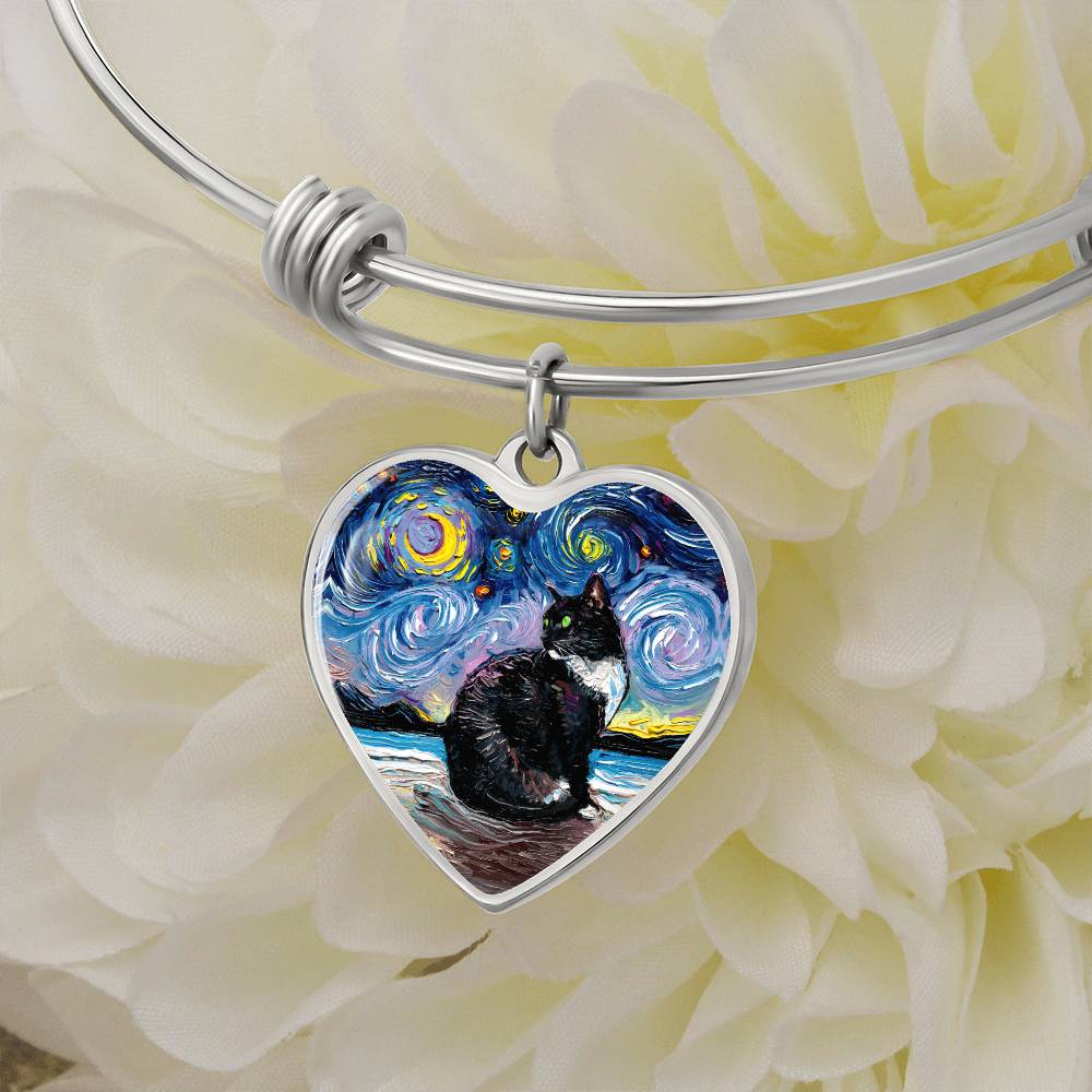 Tuxedo Cat with Green Eyes Starry Night Heart Bangle