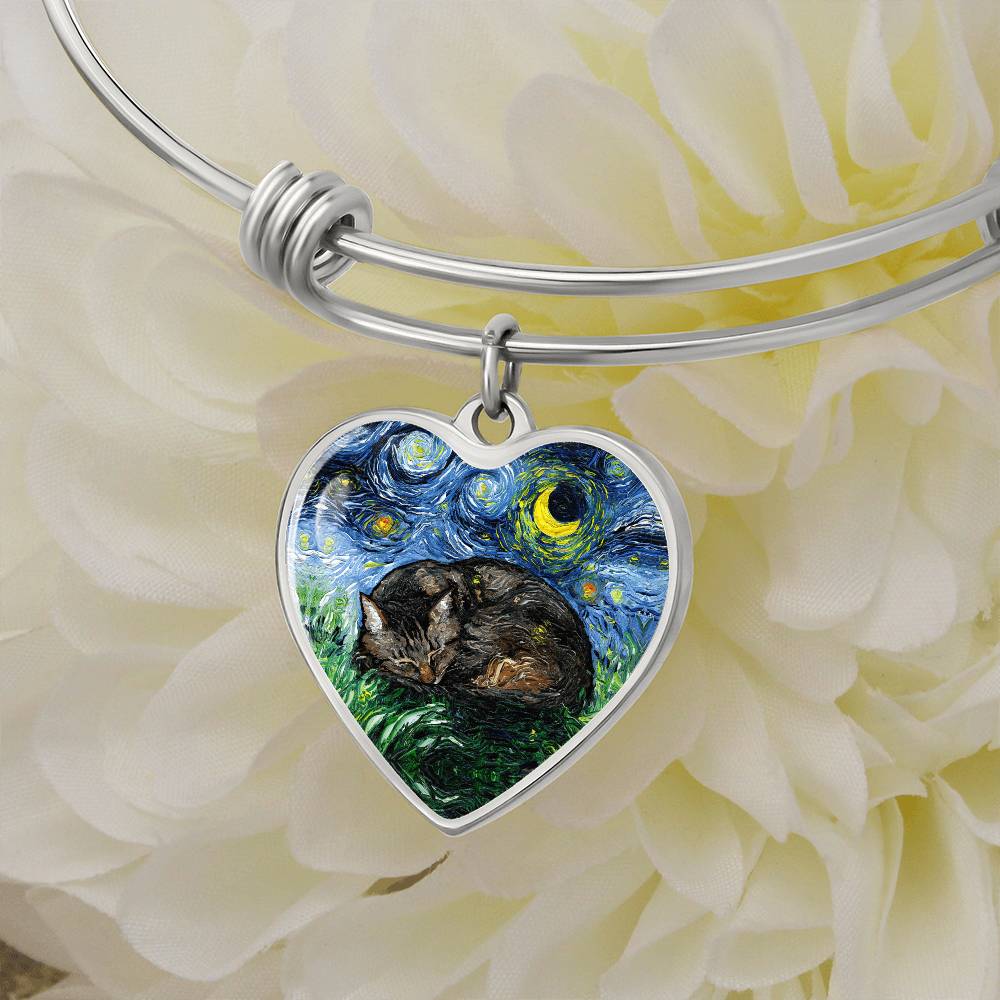 Sleeping Brown Tabby Cat Starry Night Heart Bangle Bracelet