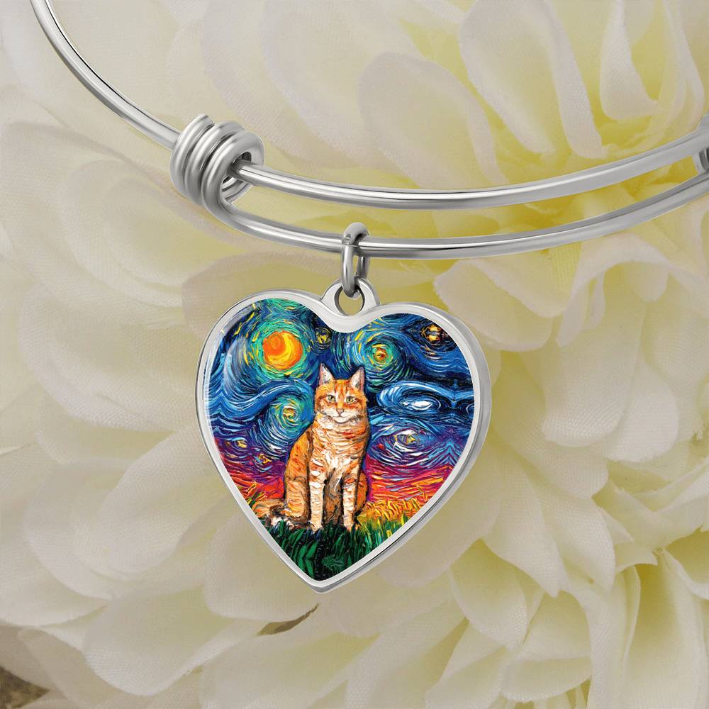 Seated Orange Tabby Cat Starry Night Heart Bangle Bracelet