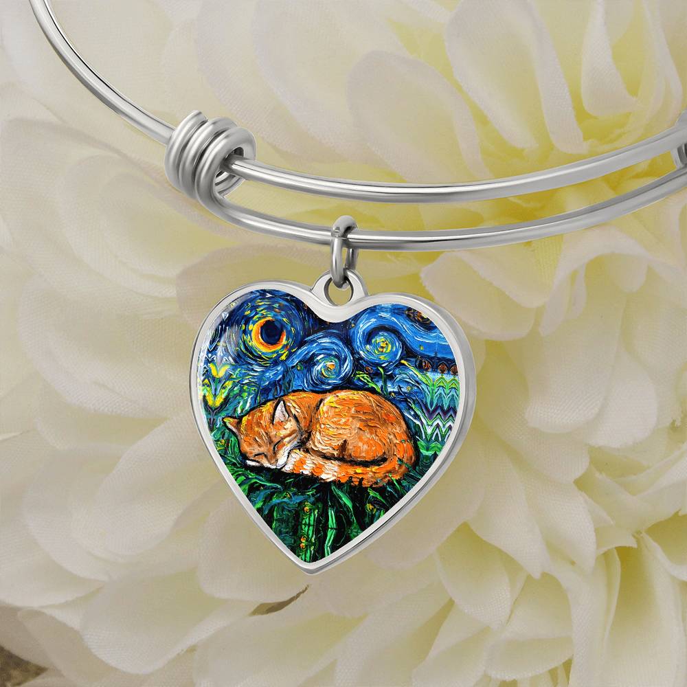 Sleeping Orange Tabby Cat Starry Night Heart Bangle Bracelet