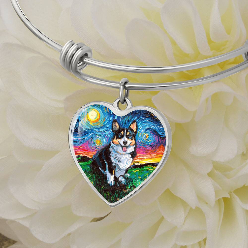 Tri Color Corgi Starry Night Heart Bangle Bracelet