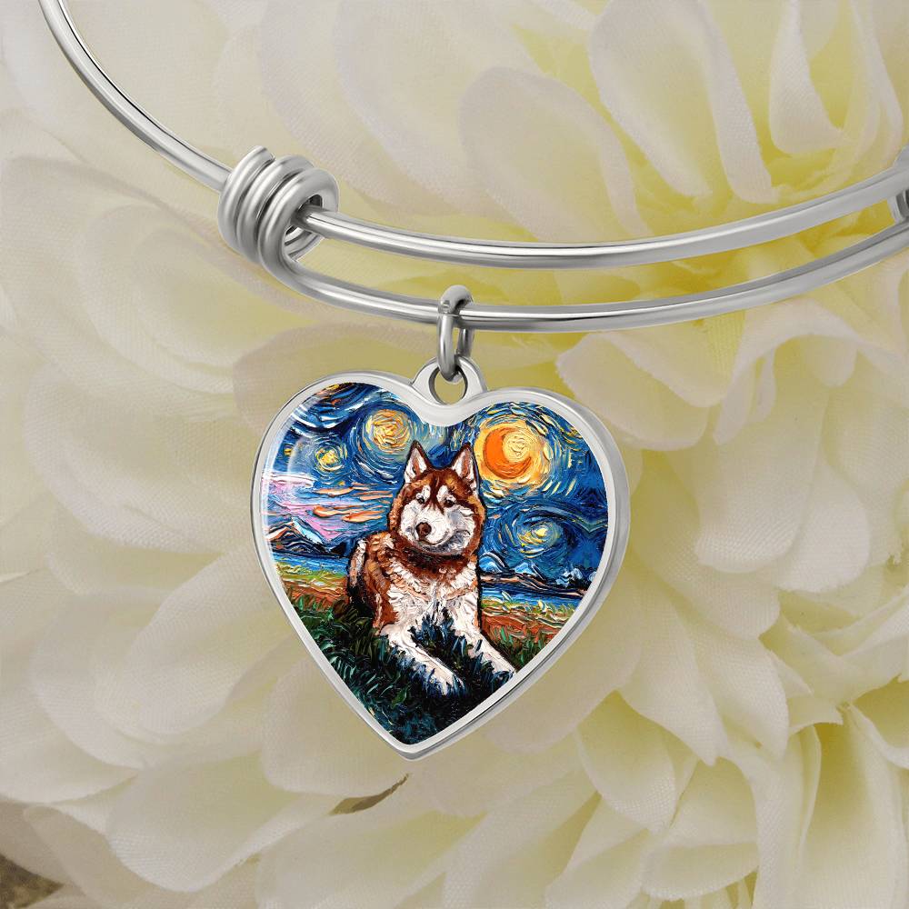 Red and White Husky Starry Night Heart Bangle Bracelet